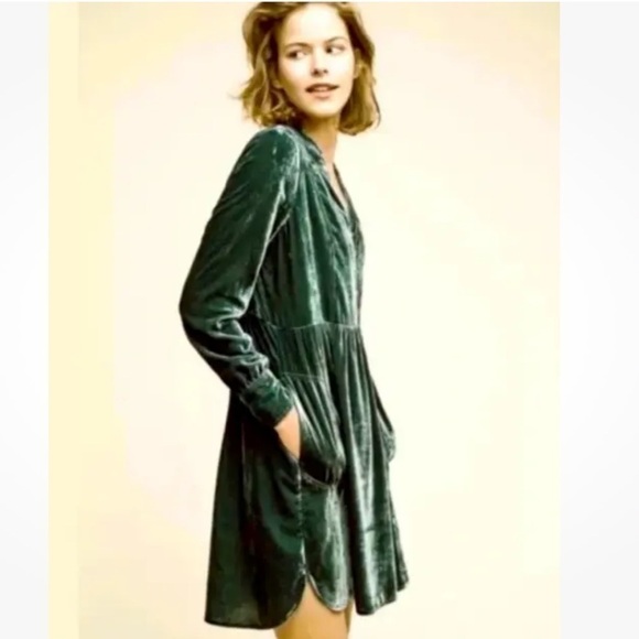 Anthropologie Sz S Crushed Velvet Pullover Swing Dress Green Viscose Nylon - Picture 2 of 8